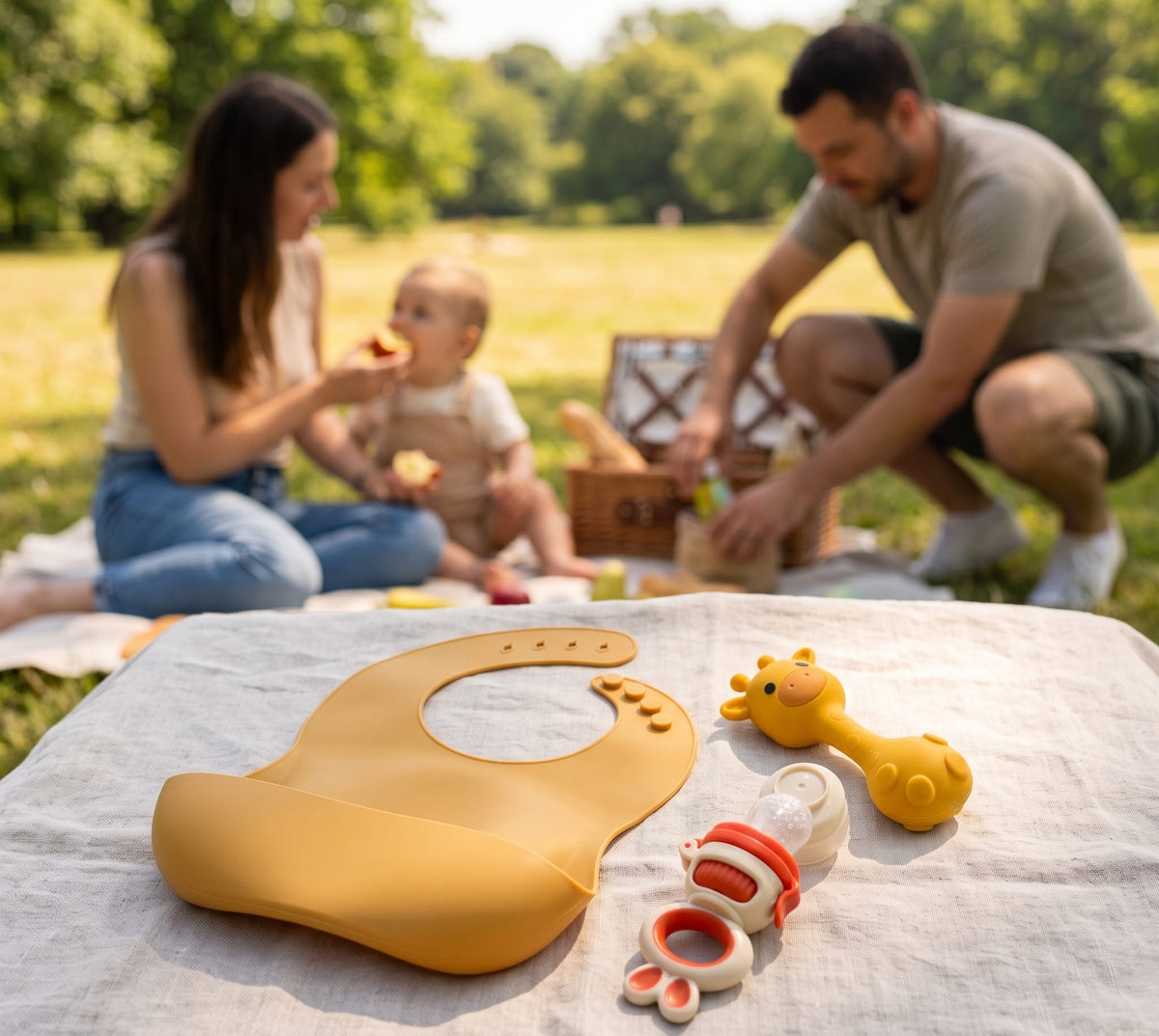 Kit Primeros SaboresPapás con bebé usando Kit Primeros Sabores Baby Love — alimentación BLW silicón grado médico 6-12 meses libre de BPA Baby Love — set BLW silicón médico 6-12 meses Rosa Palo: babero anticaida, cupón alimentador antiahogo, mordedera BPA Free